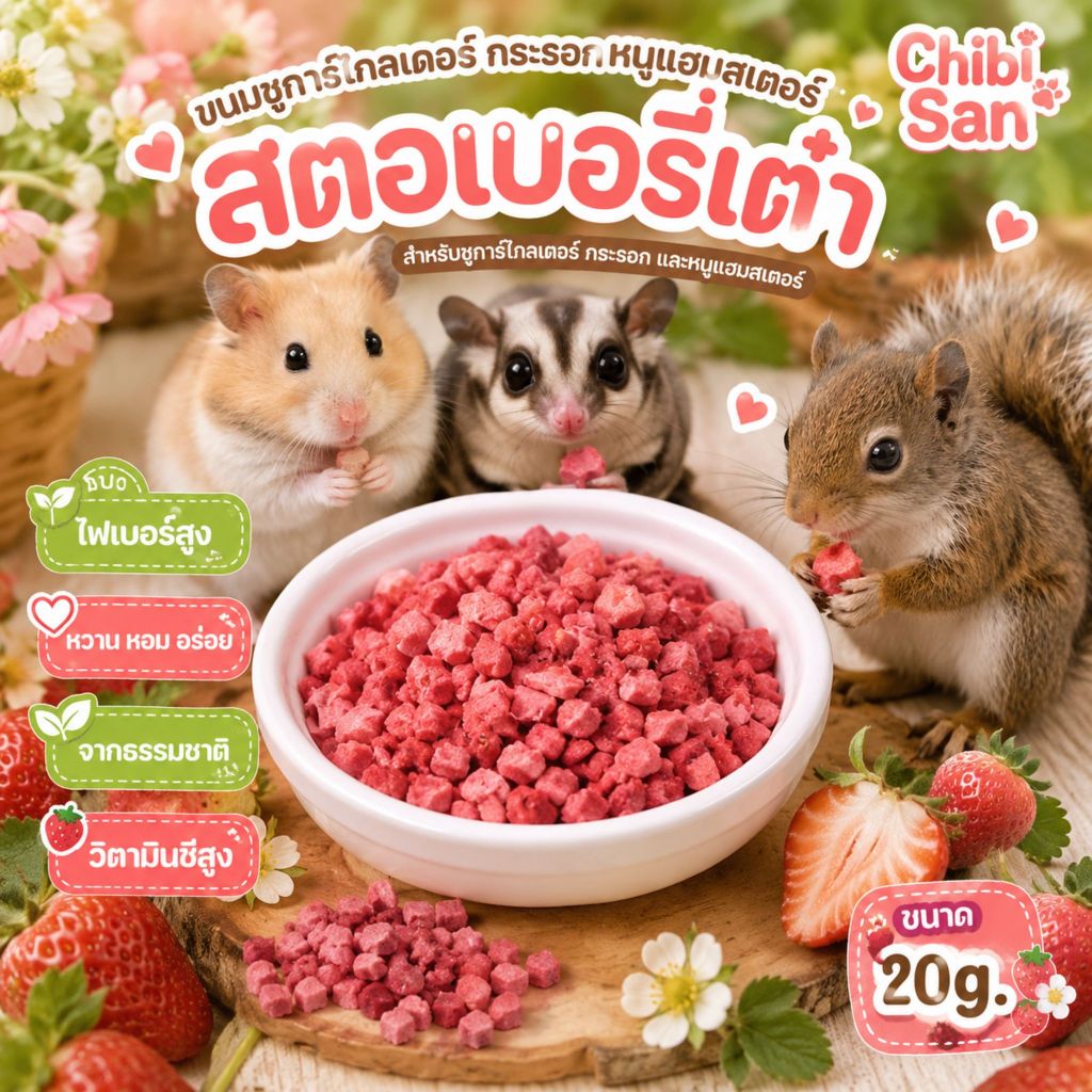 Chibi San สตรอเบอรี่เต๋า ขนมชูการ์ไกลเดอร์ แฮมสเตอร์ กระรอก 20g
