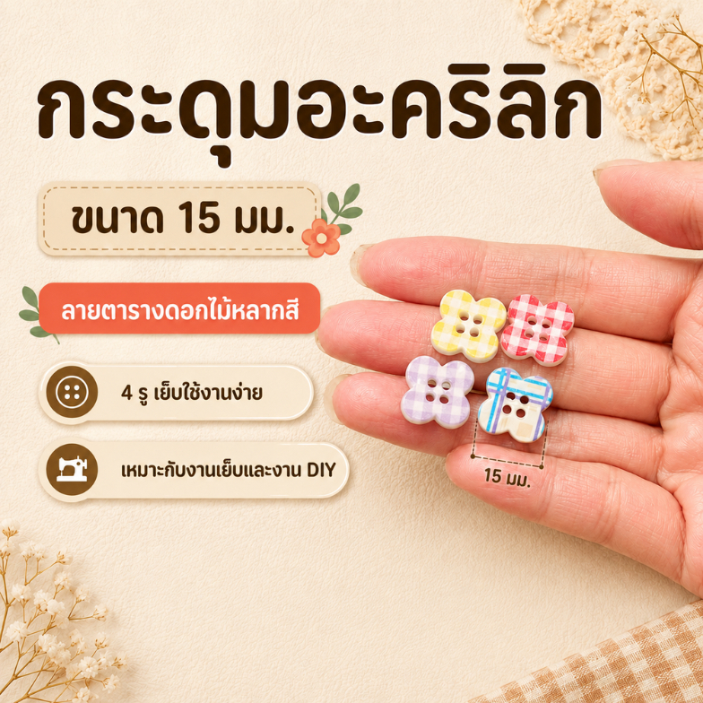 กระดุมอะคริลิกลายตารางครีม ดอกไม้สี่กลีบ | กระดุมตกแต่งน่ารัก สำหรับ DIY เสื้อผ้า เครื่องประดับ(G074)