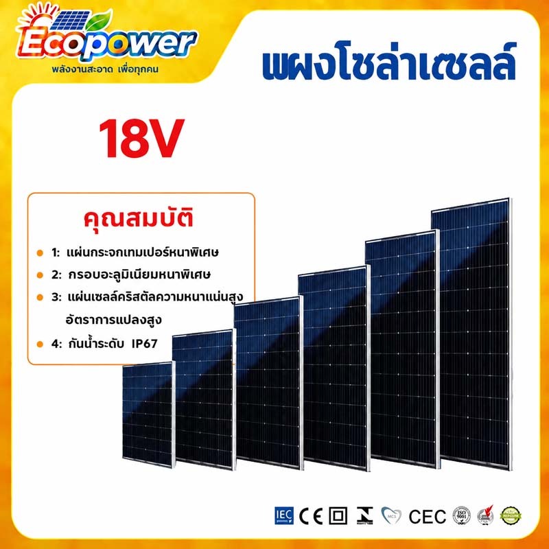 แผงโซล่าเซลล์ แผงชาร์จแสงอาทิตย์ solar cell แผงโซล่า แผ่นโซล่าเซลล์ 18V 15W-60W Ecopower  solar pane