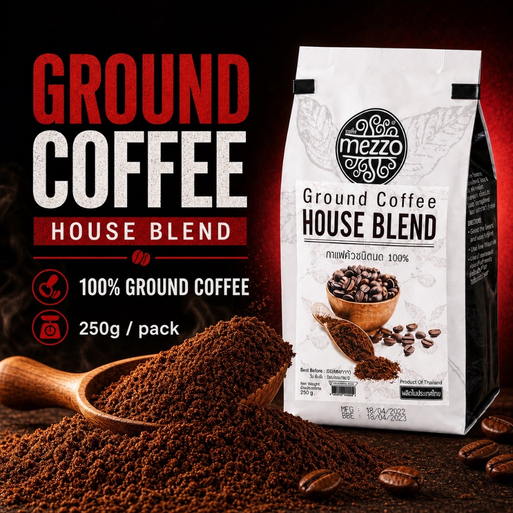 Mezzo Coffee กาแฟบด คั่วเข้ม โน้ตช็อกโกแลต House Blend Ground Coffee รสชาติกลมกล่อม หอมนุ่ม เข้มข้น 