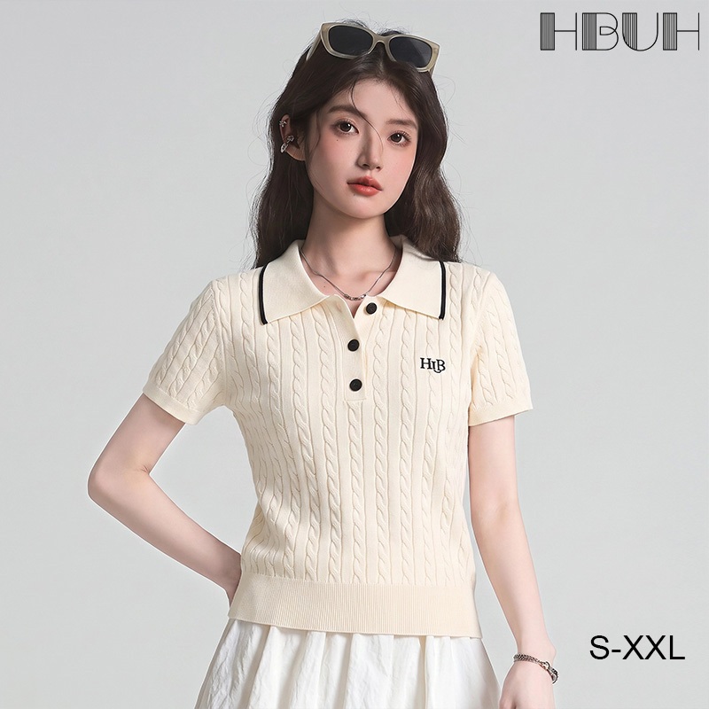 เสื้อโปโลไหมพรมแขนสั้นลายถักเกลียว ดีไซน์ใหม่สำหรับผู้หญิง เสื้อทรงเข้ารูปแบบสั้น Fashion ระบายอากาศดี สวมใส่สบาย