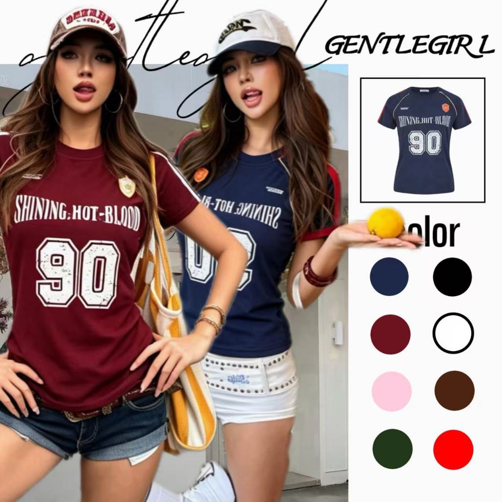 #GG เสื้อยืดแขนสั้นพิมพ์ลายทางสไตล์เรโทร ดีไซน์แบบอเมริกันสุดฮอต เหมาะสำหรับสาวๆ ที่ชอบใส่ได้หลากหลายโอกาส