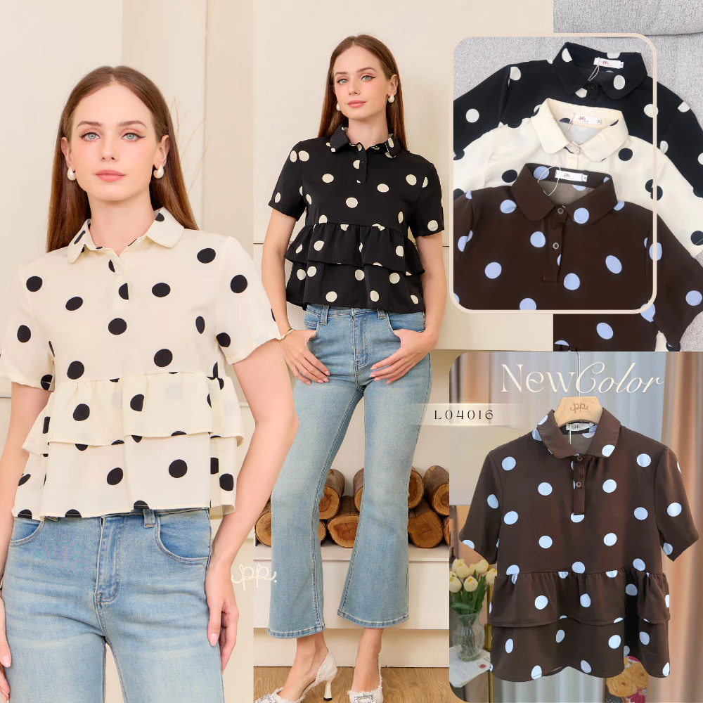 POI Polka Pop เสื้อผ้าเจลลี่คอปกแขนสั้นแต่งชายระบาย มี 3 สี ครีม ดำ น้ำตาล L040I6