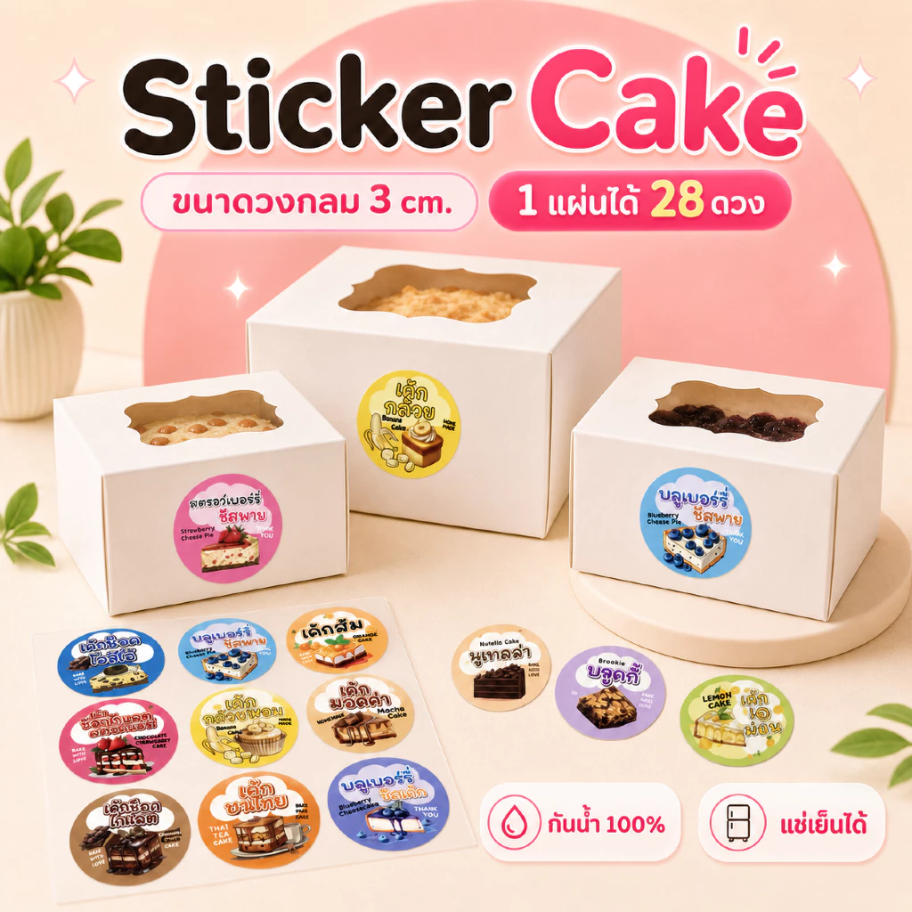 สติ๊กเกอร์เค้ก เค้กกล้วยหอมครีมชีส เค้กหน้าไม้ เบอเกอรี่ bakery 3 cm. ได้ 28 ดวงต่อแผ่น