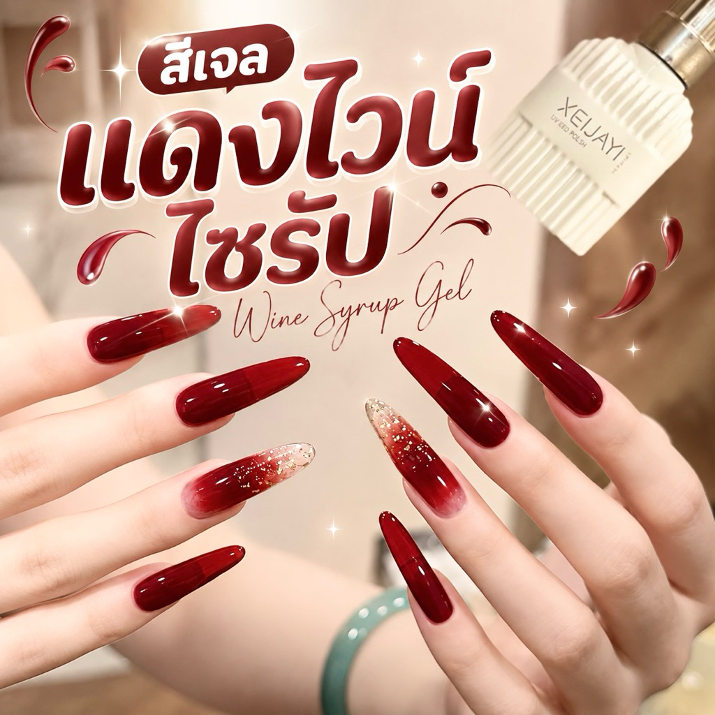 สีทาเล็บสีเเดงไวน์เชอรี่ สีเจลกึ่งไซหรับ สีทาเล็บเจลเเดงฉํ่าขับผิวสว่าง