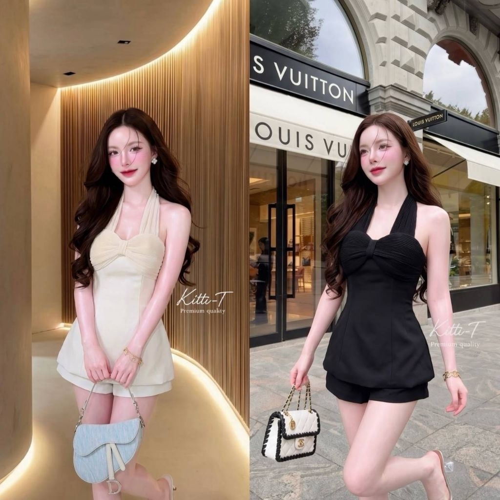 KITTI -T SET (2)ชิ้น เสื้อ+กางเกงขาสั้นเข้าเซต คล้องคอ ช่วยเน้นให้ช่วงไหล่ดูเรียว เพรียวบาง