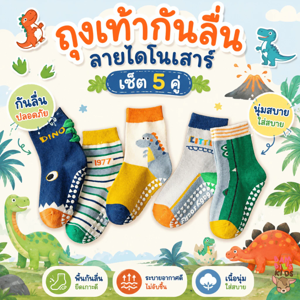 Bambilis : ⚡พร้อมส่ง⚡ ถุงเท้าเด็ก ถุงเท้าเด็กกันลื่น 1 แพคมี 5 คู่ ลายไดโนเสาร์
