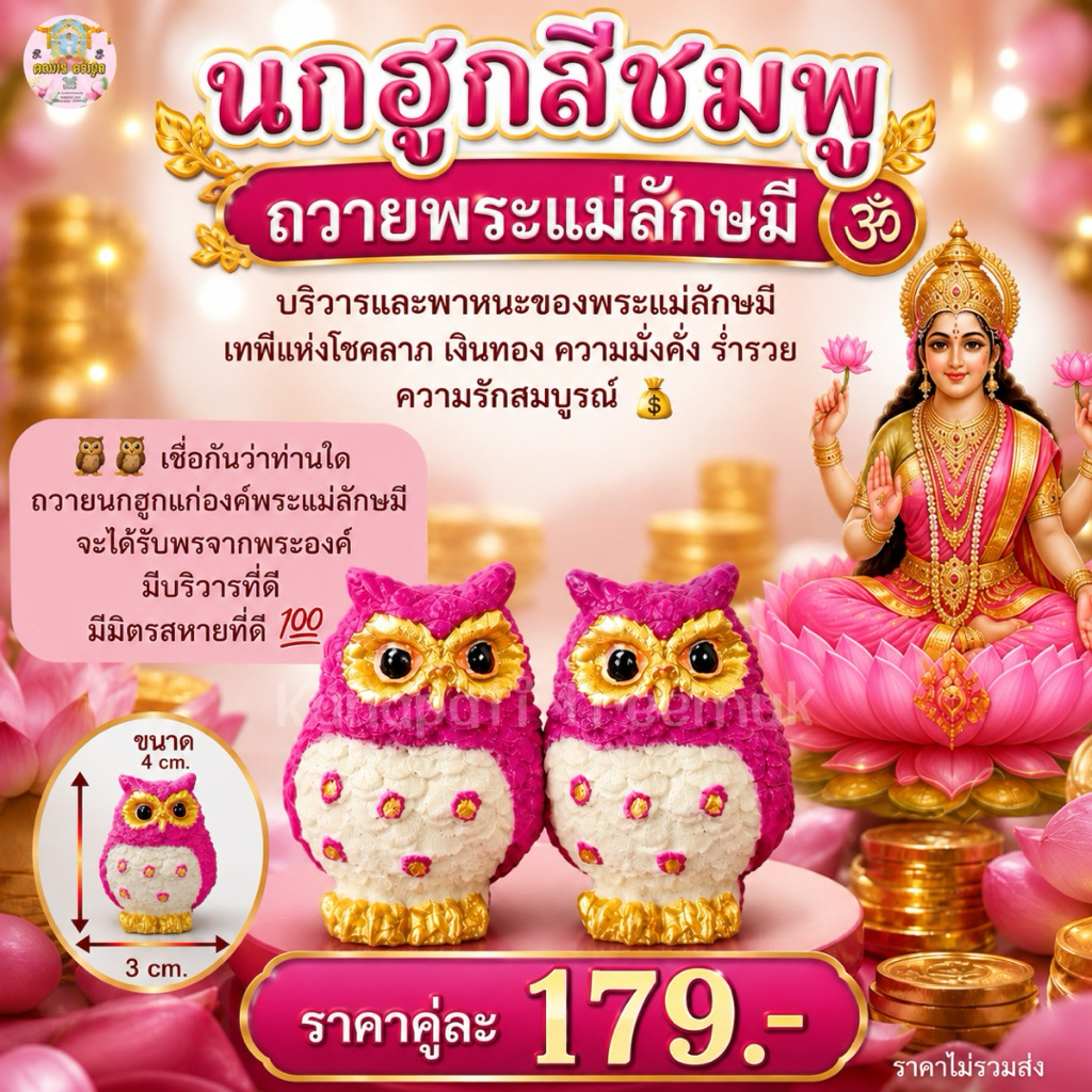 นกฮูกบริวารพระแม่ลักษมี ขนาดกลาง นกฮูกสีชมพู บริวารข้างกายพระแม่ลักษมี