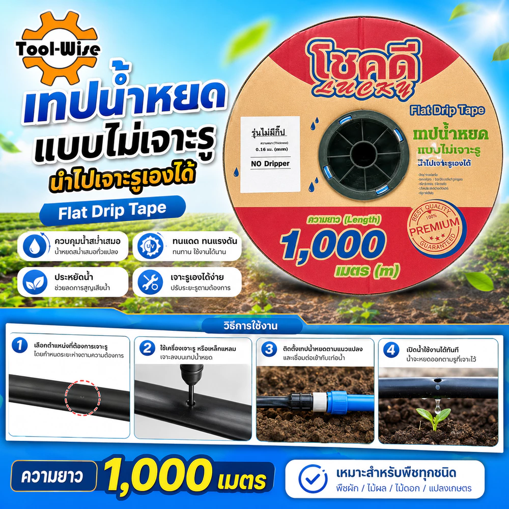 เทปน้ำหยดแบบไม่เจาะรู 16 มิล (3หุน) ยาว1,000เมตรเต็ม(สั่งได้ไม่เกิน4ม้วน/1ออเดอร์)