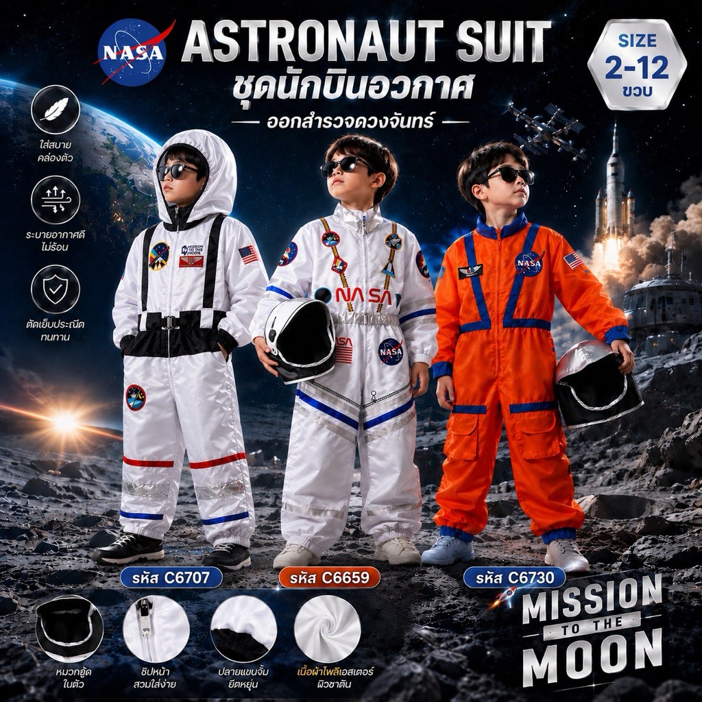 ชุดนักบินอวกาศเด็ก ASTRONAUT SUIT เปลี่ยนหนูน้อยให้พร้อมออกภารกิจสำรวจอวกาศ! ชุดบอดี้สูทสีขาวดีไซน์เท่