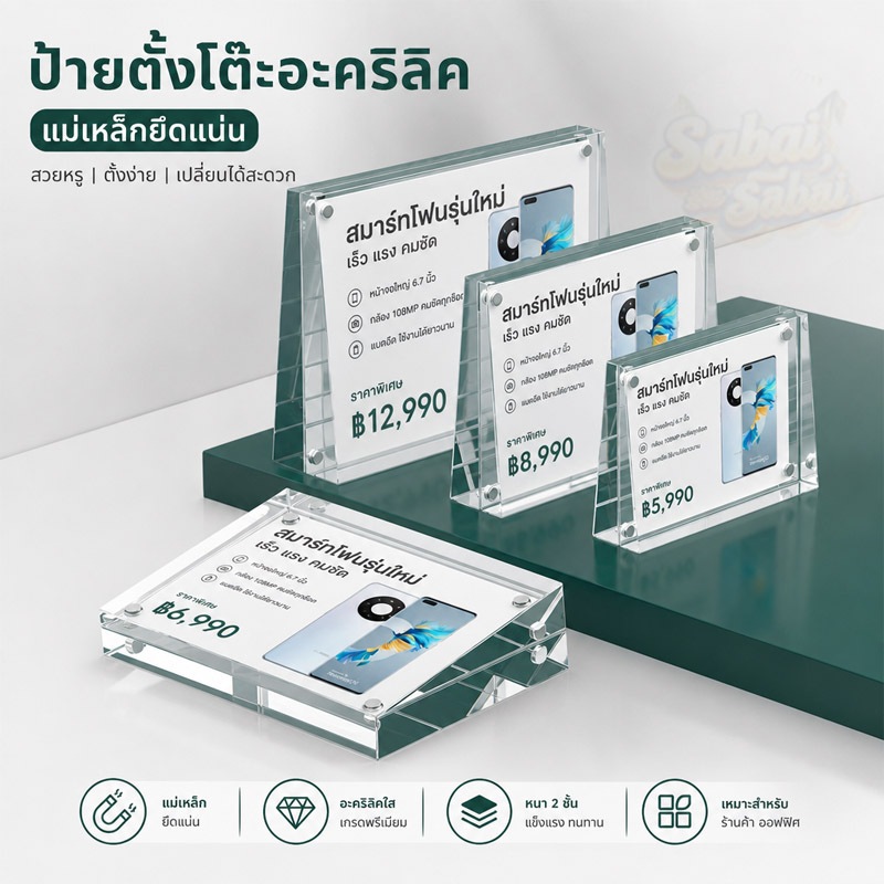 ป้ายตั้งโต๊ะอะคริลิคแม่เหล็ก 2in1 ตั้ง/นอน ป้ายเอียง Lean ป้ายราคาพลาสติก ป้ายสินค้า กรอบรูปอะคริลิค แบบสอดแม่เหล็ก