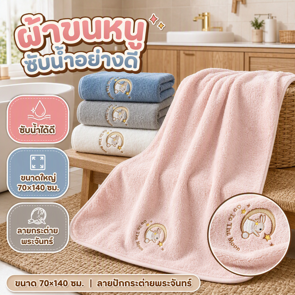 ผ้าเช็ดตัวอาบน้ำ 70x140 ซม. ลายกระต่ายพระจันทร์ ผ้าสักหลาด นุ่มพิเศษ ดูดซับน้ำได้ดี ไม่หลุดร่วง ใช้ในบ้าน ใส่เป็นของขวัญ