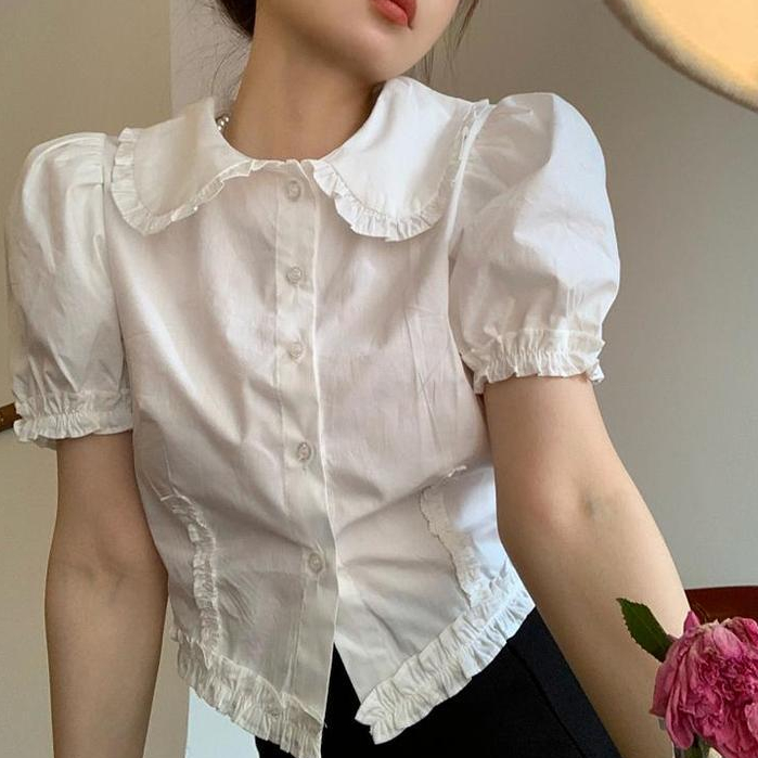 STYLE#เสื้อเชิ้ตแขนสั้นสีขาวสำหรับผู้หญิง คอปกปีเตอร์แพน แขนพอง สไตล์ฝรั่งเศส #W704