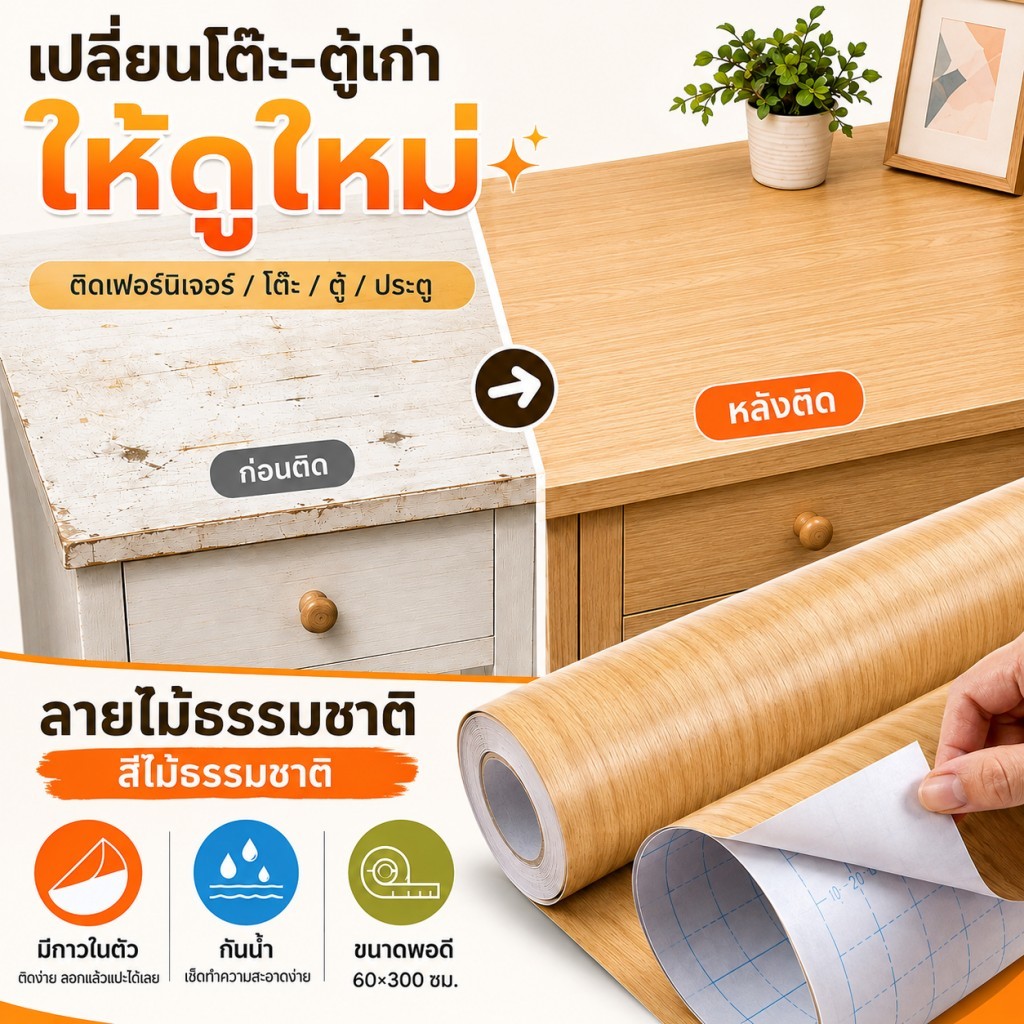 วอลเปเปอร์ติดโต๊ะ ลายไม้ 60x300cm สติ๊กเกอร์ลายไม้ มีกาวในตัว ติดโต๊ะ ติดเฟอร์นิเจอร์