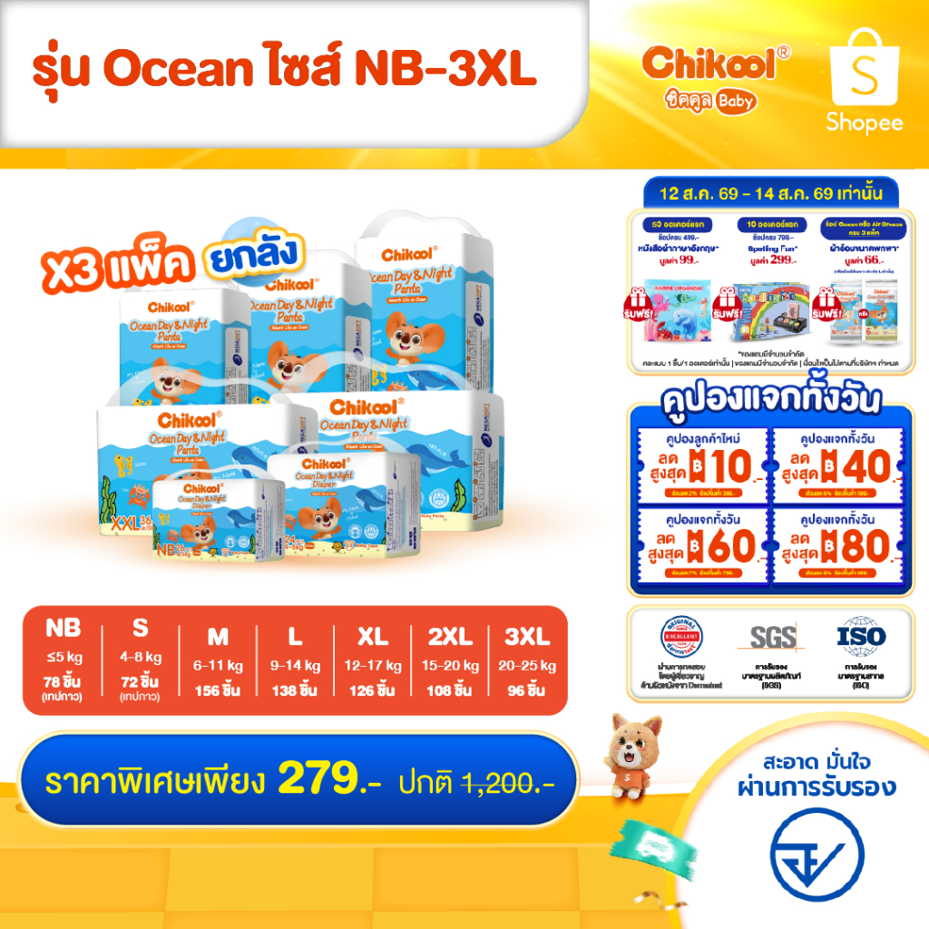 [ขายยกลัง x3 แพ็ค] Chikool Ocean Day&Night Pants ชิคคูล กางเกงผ้าอ้อมเด็ก โอเชียน เดย์&ไนท์ ไซส์ NB-3XL