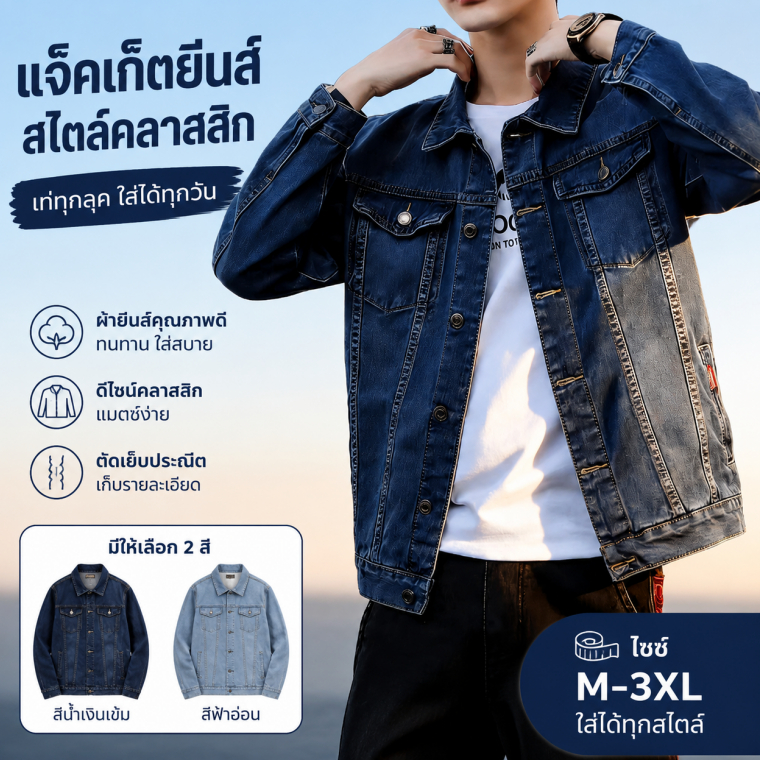 แจ็คเก็ตยีนส์แฟชั่นสำหรับผู้ชาย เสื้อแจ็คเก็ตยีนส์สีพื้นคุณภาพสูง ผ้ายีนส์นุ่ม ไม่แข็งตัว ทรงคลาสสิก