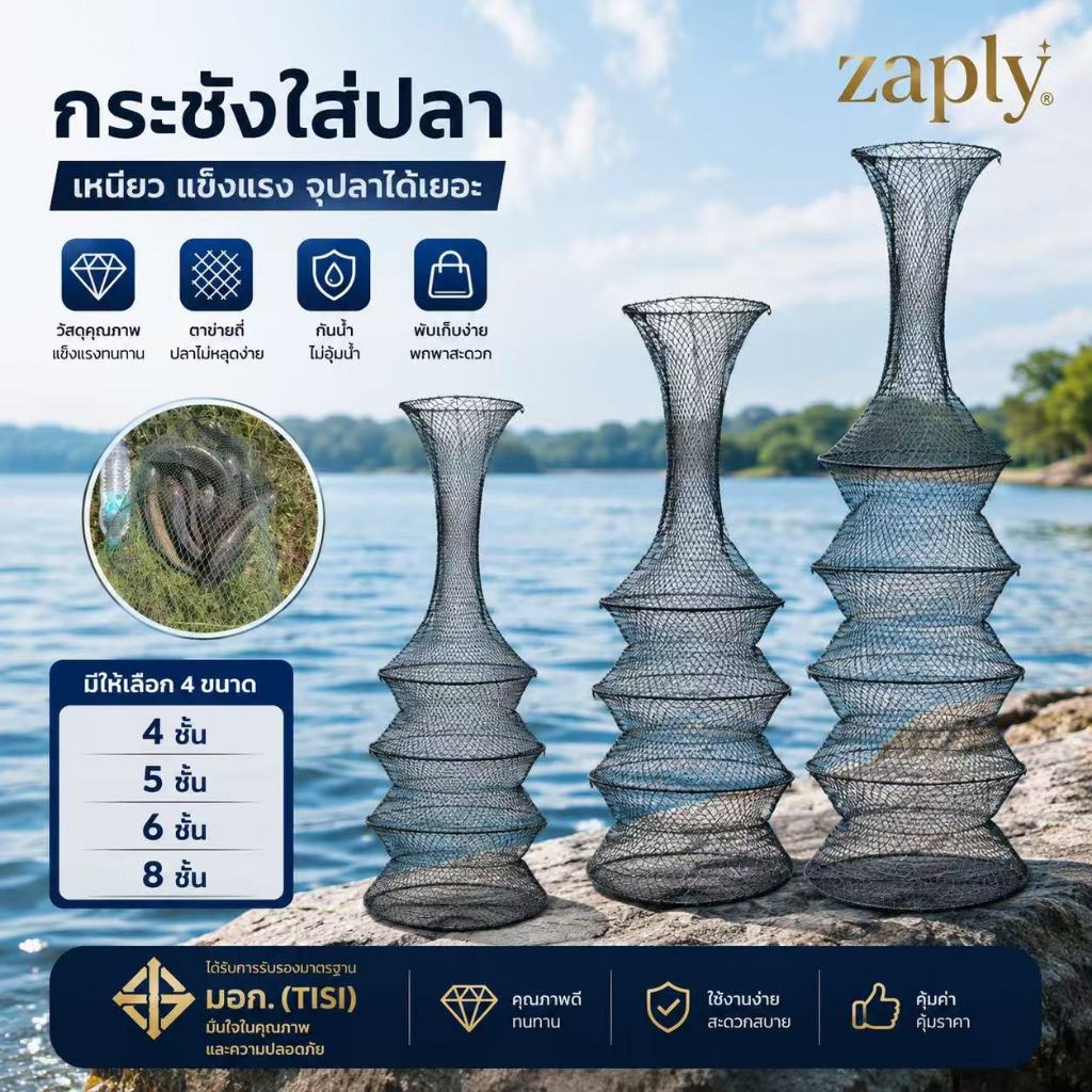 กระชังใส่ปลา กระชังขดลวด ตาข่ายไนลอน ขอบปากลวดเหล็ก แข็งแรง เหนียว ทนทาน