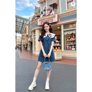 (มีถึง3XL) ยีนส์ Total Denim Dress เดรสทรงปล่อยผ้ายีนส์ ดีเทลโบว์ด้านหน้า ปกกะลาสีงานปักการ์ตูน แขนสั้น ซิปหลัง
