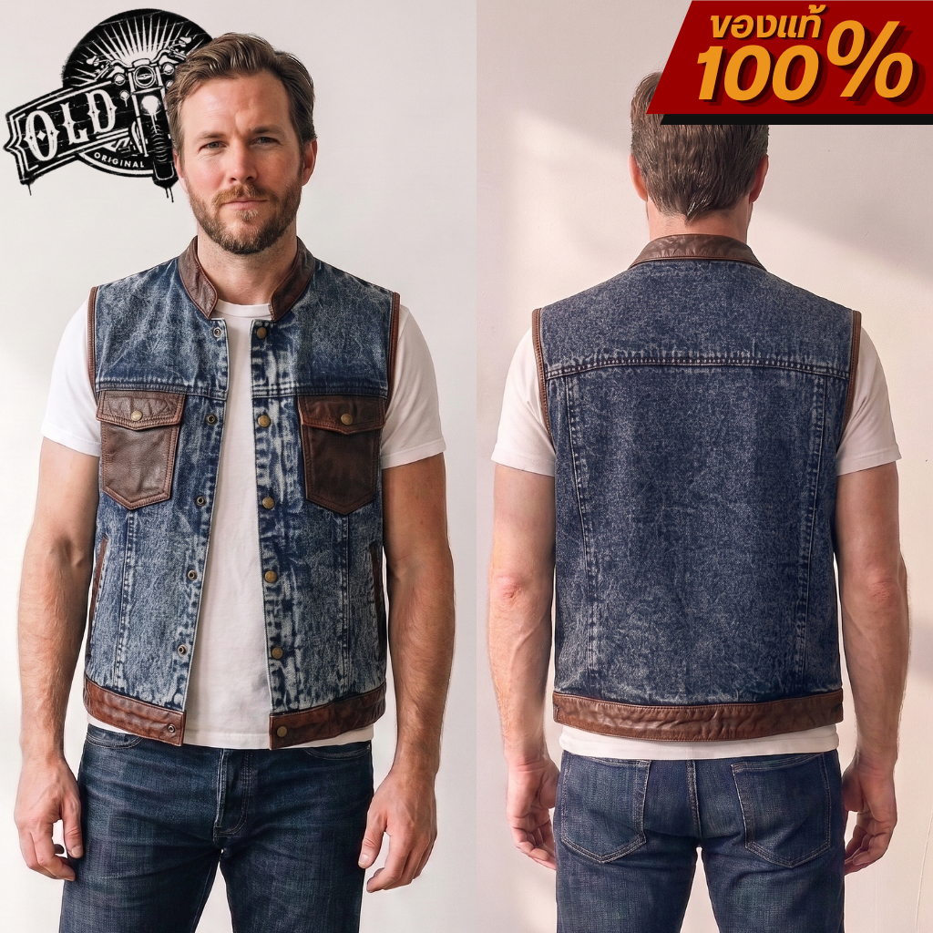 เสื้อกั๊กผ้ายีนส์&หนังแท้ Full Grain  OLDMAN Vest 2102 – Denim & Leather Vest