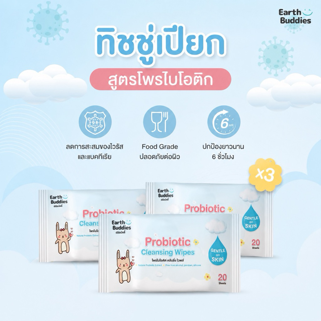 Earth Buddies ทิชชู่เปียก สูตรโพรไบโอติก ลดการสะสมของเชื้อโรค ใช้ได้ตั้งแต่แรกเกิด