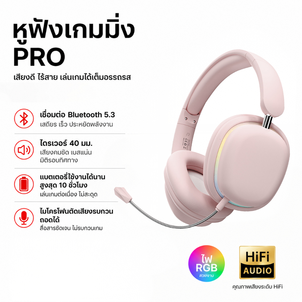 หูฟังบลูทูธ พร้อมไมโครโฟนไร้สาย หูฟังครอบหูไร้สาย Bluetooth 5.3 มีสาย RGB 7.1ch สเตอริโอตัดเสียงรบกวนพร้อมไมค์