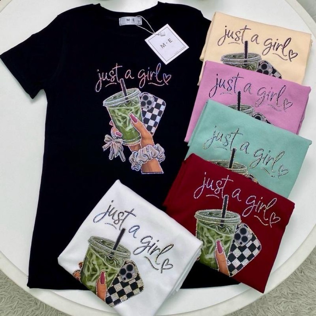เสื้อยืดป้ายME รีดเพชรลายมือถือโทรศัพท์