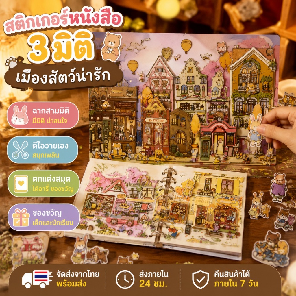 สติกเกอร์ฉากจิ๋วเมืองสัตว์ ลายบ้าน ร้านค้า คาเฟ่ ใช้เล่น แต่งสมุด หรือสะสมได้