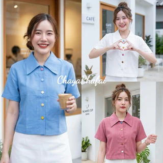เสื้อผ้าฝ้ายคอปกใหญ่ กระดุมพาสเทล