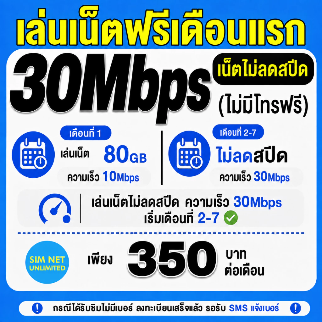 (เล่นฟรีเดือนแรก) ซิมเทพ Dtac เล่นเน็ตไม่ลดสปีด ความเร็ว 30Mbps (พร้อมใช้ฟรี dtac wifi ทุกแพ็กเกจ)