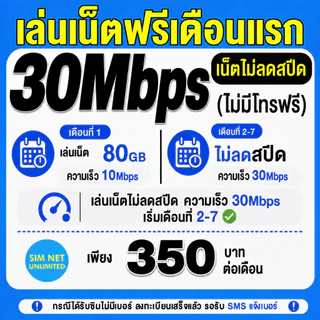 (เล่นฟรีเดือนแรก) ซิมเทพ Dtac เล่นเน็ตไม่ลดสปีด ความเร็ว 30Mbps (พร้อมใช้ฟรี dtac wifi ทุกแพ็กเกจ)