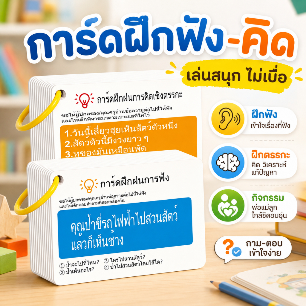 บัตรคำฝึกสมาธิ ฝึกความจำ ฝึกคิดวิเคราะห์ การ์ดคำถามเสริมพัฒนาการเด็ก เกมฝึกสมอง กิจกรรมพ่อแม่ลูก 90 ใบ