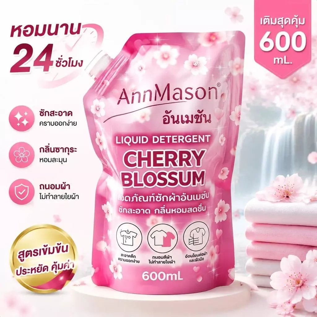 น้ำยาซักผ้า 600ml กลิ่นซากุระ ขจัดแบคทีเรียและไรฝุ่น สูตรอ่อนโยนต่อผิว AnnMason