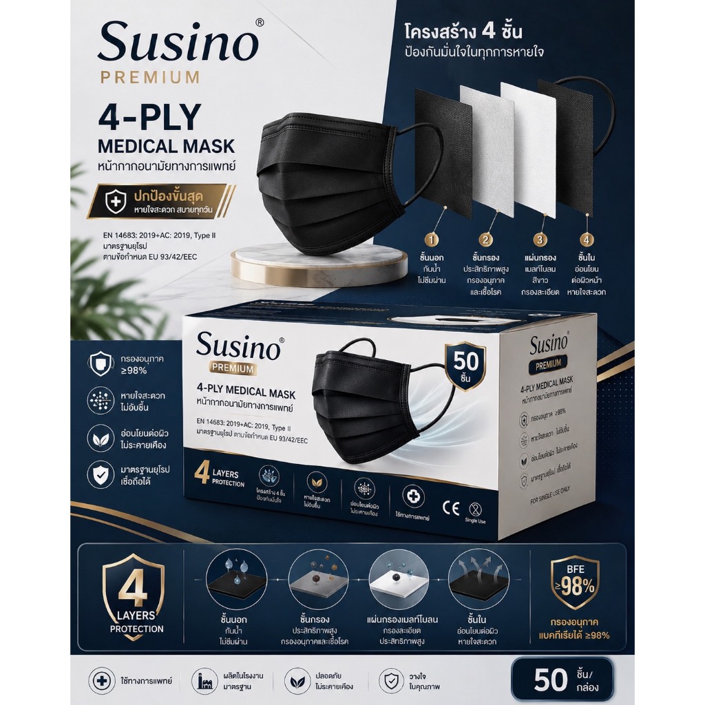 Mask Susino Premium หน้ากากอนามัยทางการแพทย์ 4 ชั้น 4-Ply Medical Mask สีดำ 50 ชิ้น/กล่อง