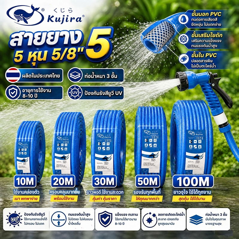 Kujira สายยาง 5 หุน(5/8") สายยางรดน้ำต้นไม้ โครงสร้างหนา 3 ชั้น 10-50เมตร นุ่มและยืดหยุ่น จะไม่เปราะ