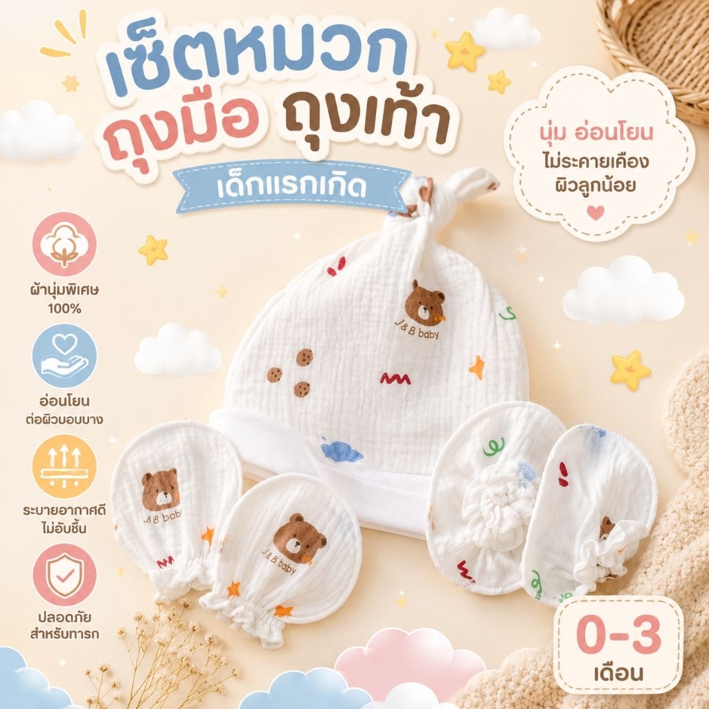 Palm&Pond ผลิตในไทย พร้อมส่ง เซ็ตหมวก ถุงมือ ถุงเท้า 100% Cotton
