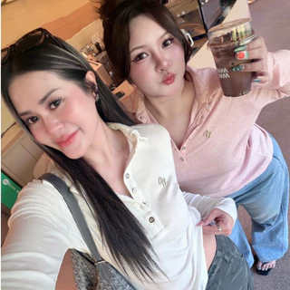 Alina top เสื้อโปโลแขนยาว กระดุมเงิน แต่งอะไหล่ (Size M,L) ผ้านุ่มนิ่ม ยืดได้เยอะ ใส่สบาย AOMMKO-S130