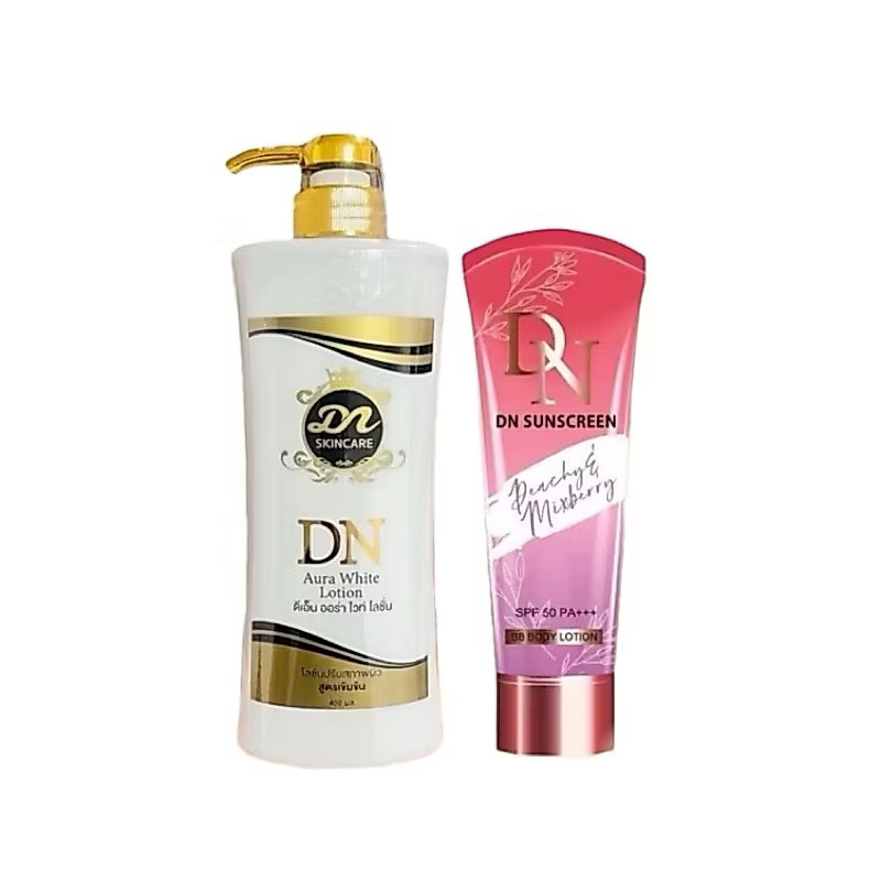 (โลชั่นDN 1 แถมกันแดด DN1) DN Aura White Lotion ดีเอ็น ออร่า ไวท์ โลชั่น (ขวดขาวหัวปั้มสีทอง )