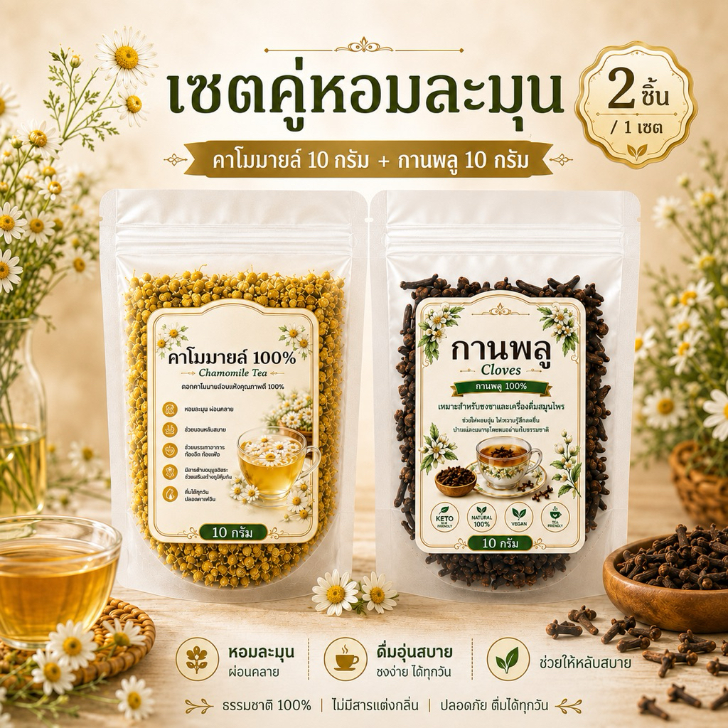 เซตคู่หอมละมุน คาโมมายล์ 10 กรัม + กานพลู 20 กรัม | Chamomile Tea & Cloves Herbal Tea Set ตัวหอมละมุน