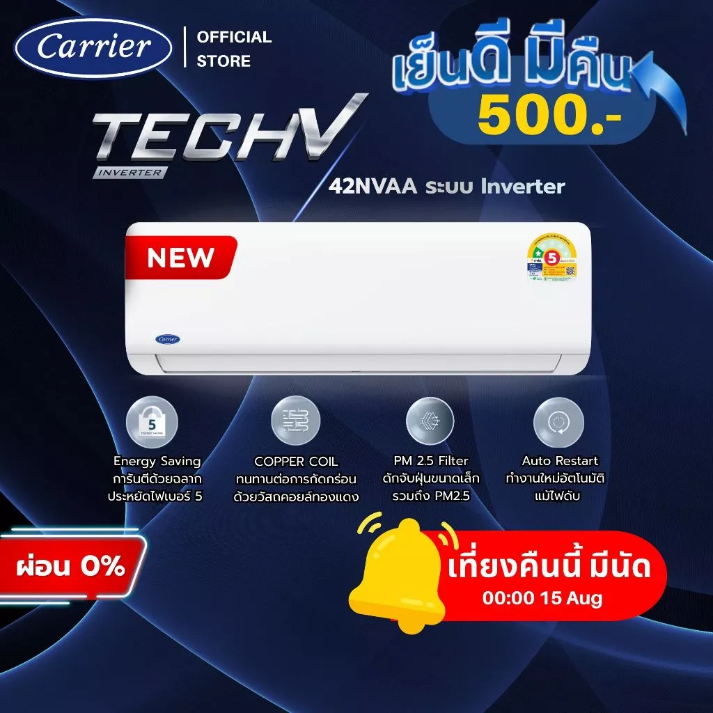 Carrier แอร์ระบบ Inverter รุ่น Tech V ขนาด 9,000 - 24,000 BTU ปี 2026