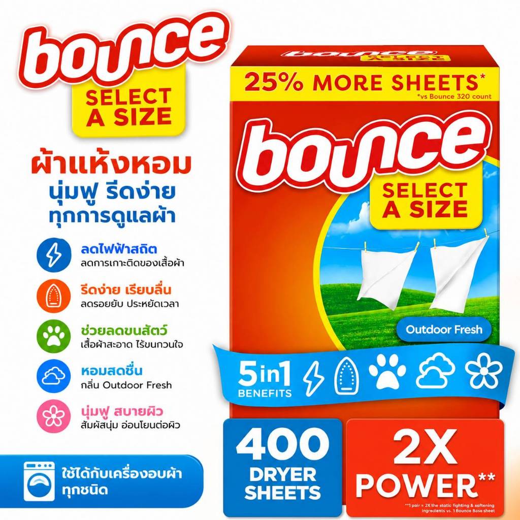 Bounce Dryer Sheets Laundry Fabric Softener แผ่นอบผ้าหอม ช่วยลดรอยยับและไฟฟ้าสถิต สำหรับเครื่องอบผ้า