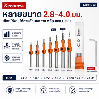 Keenness ดอกสว่านเจาะนำ ดอกเจาะผายหัวไม้ HSS 2.8-4 มม. เจาะฝังหัวสกรูเรียบเนียน แถมประแจ