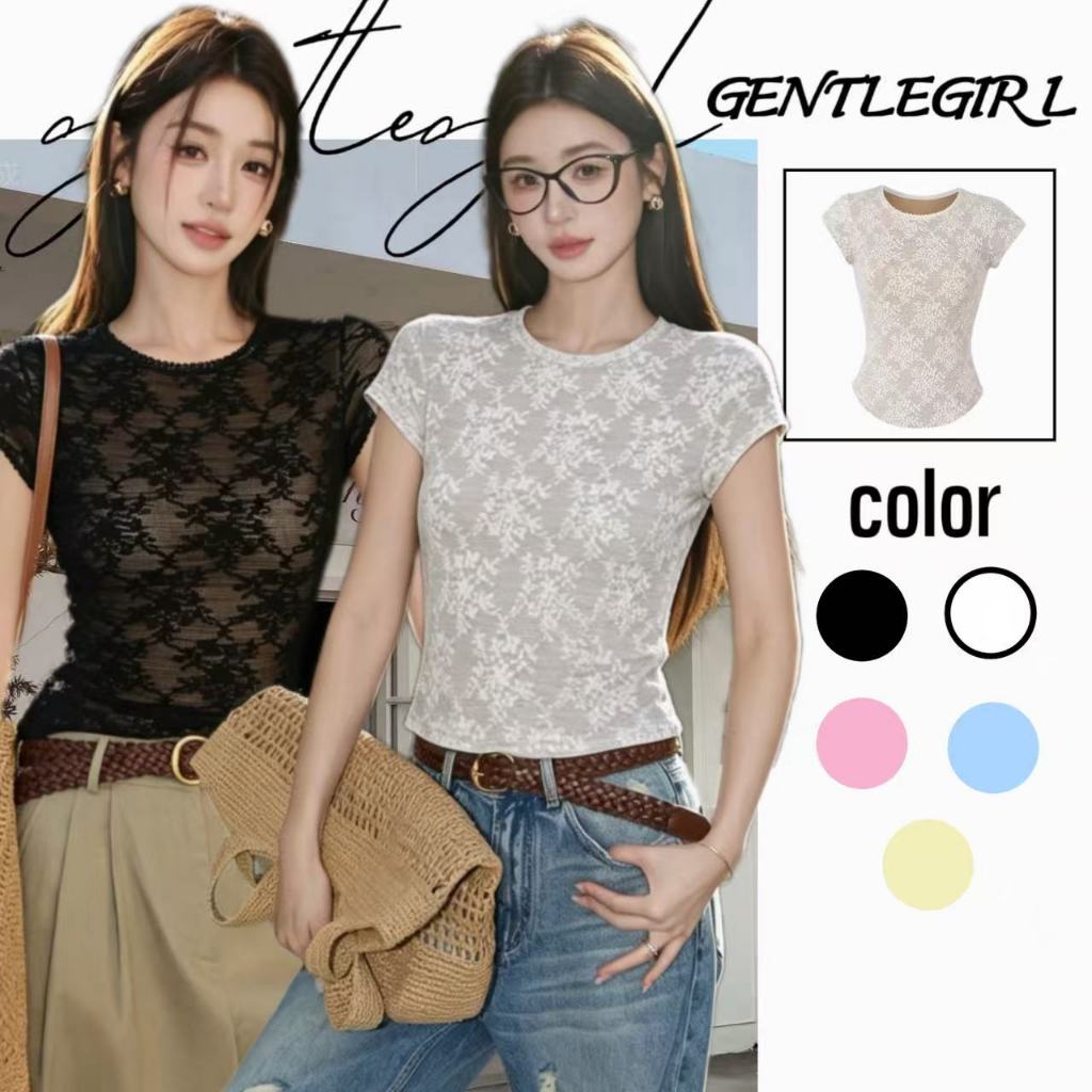 #GG🎀เสื้อครอปสั้นเข้ารูปสวยงาม พิมพ์ลายลูกไม้บริสุทธิ์เย้ายวน บุซับในสีเนื้อ เหมาะสำหรับฤดูร้อน