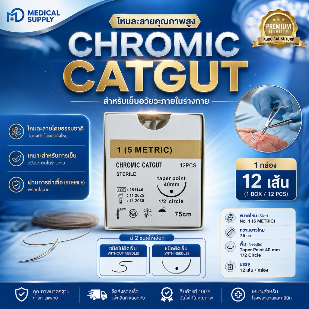 Chromic Catgut ขนาดNo.1 ไหมละลายติดเข็ม และชนิดไม่ติดเข็ม เหมาสำหรับเย็บอวัยวะภายในร่างกาย (1 กล่อง / 12 เส้น)
