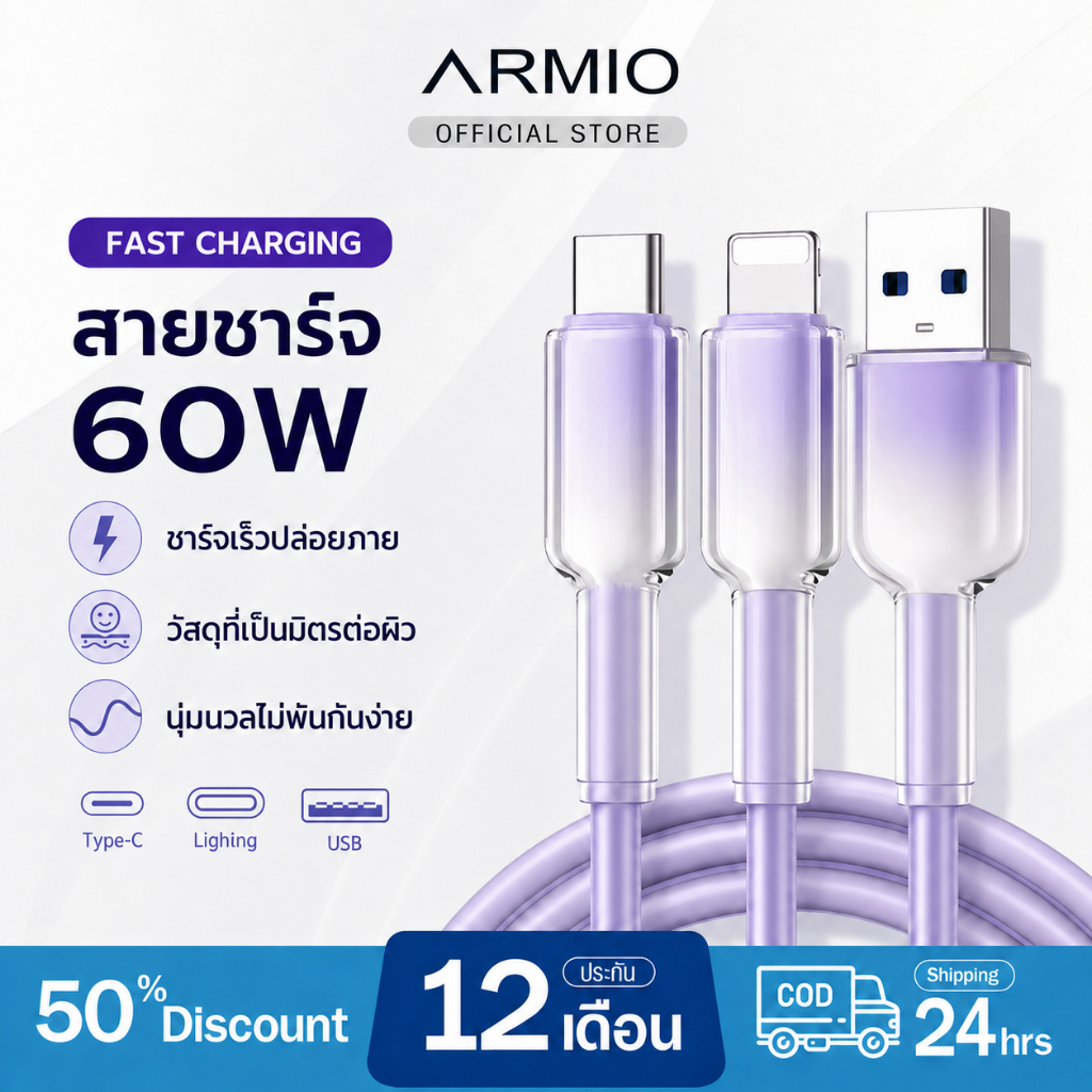 สายชาร์จเร็ว PD 60W แบบถักใสคริสตัล Type c ถึง Type C  Fast Charger Cable สำหรับ ทุกรุ่น