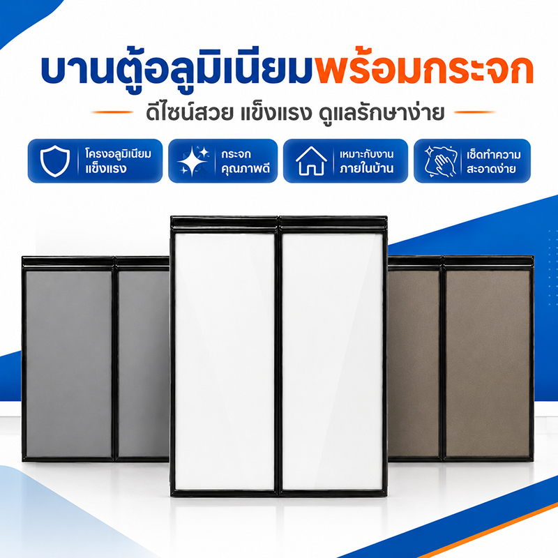 บานตู้ครัวอลูมิเนียม กระจกเทมเปอร์ กรอบสีดำ ดีไซน์โมเดิร์น ขนาด 86×65×3.2 ซม. มี 3 สีให้เลือก