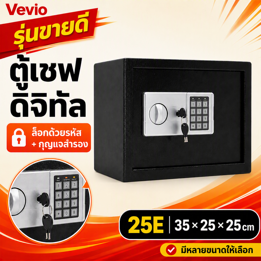 ตู้เซฟ 25E ตู้นิรภัยดิจิตอล Safe Box รหัสผ่านพร้อมกุญแจ ขนาด 35x25x25 ซม. เก็บเงิน เอกสาร ของมีค่า