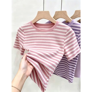 เสื้อยืดสีแดงลายทางสไตล์เกาหลี ผ้าคอตตอนคุณภาพดี ใส่สบายไม่ร้อน เหมาะใส่ทุกวัน