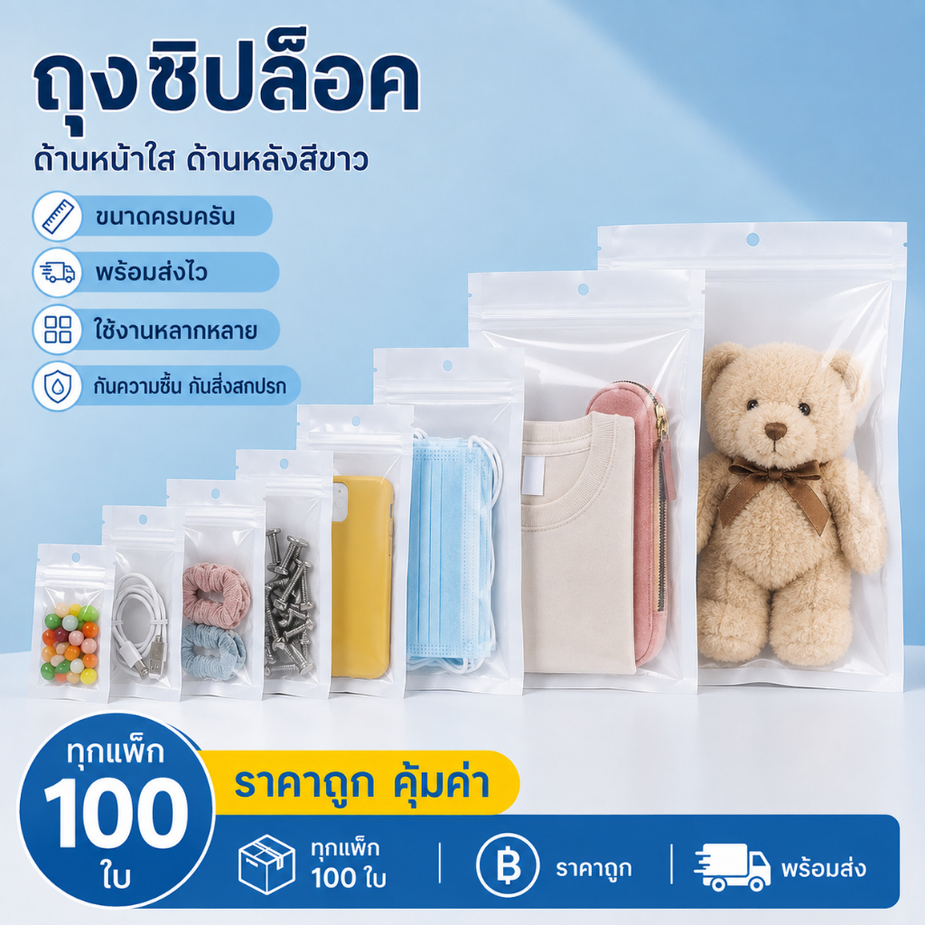 ซองพลาสติก หน้าใส หลังทึบสีขาว เจาะรูเเขวน (เเพ็ค 100 ใบ)