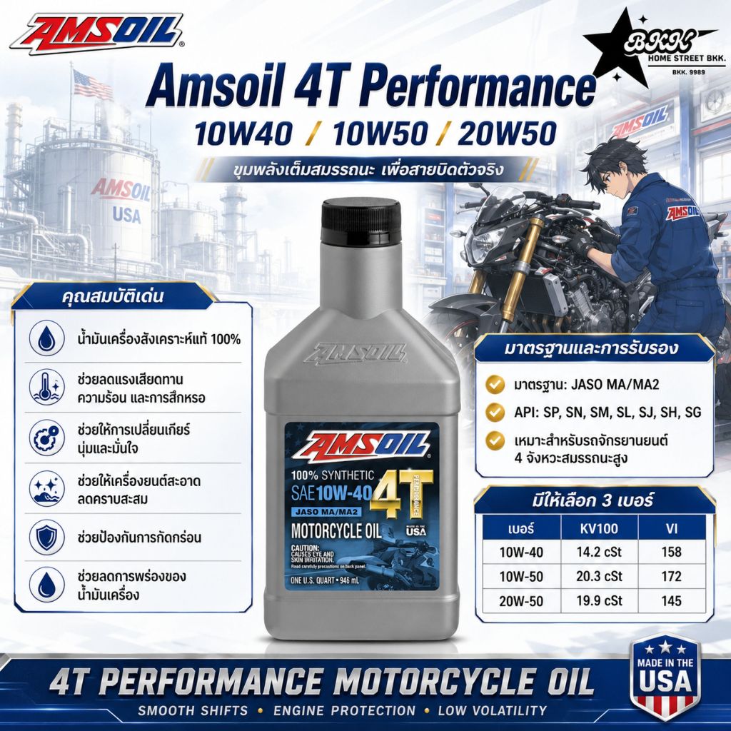 Amsoil 4T Performance HC+PAO น้ำมันเครื่องสังเคราะห์แท้ 100% เบอร์ 10W40 / 10W50 / 20W50