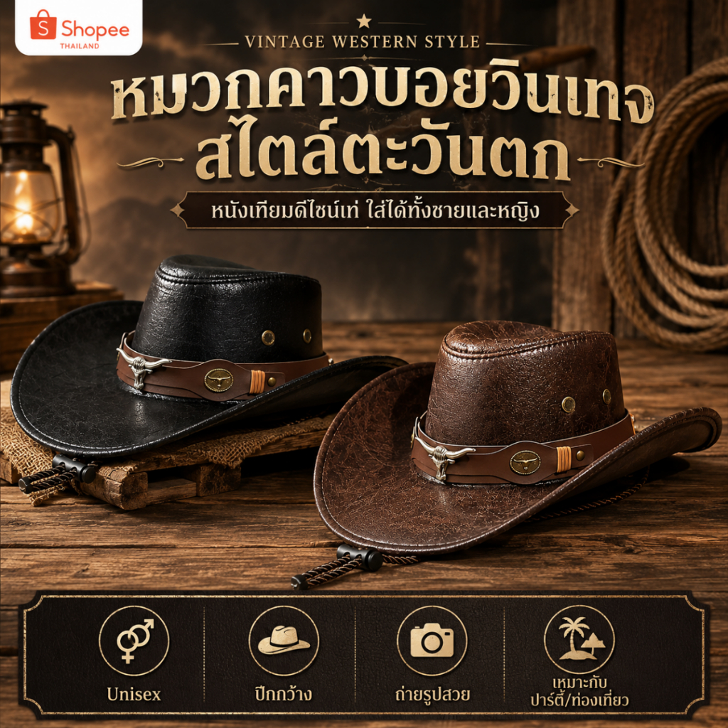 หมวกคาวบอยวินเทจ ปีกกว้าง สไตล์ตะวันตก หนังเทียม Unisex ชายหญิง รอบศีรษะ 56-58ซม. สำหรับปาร์ตี้ ท่องเที่ยว ถ่ายรูป